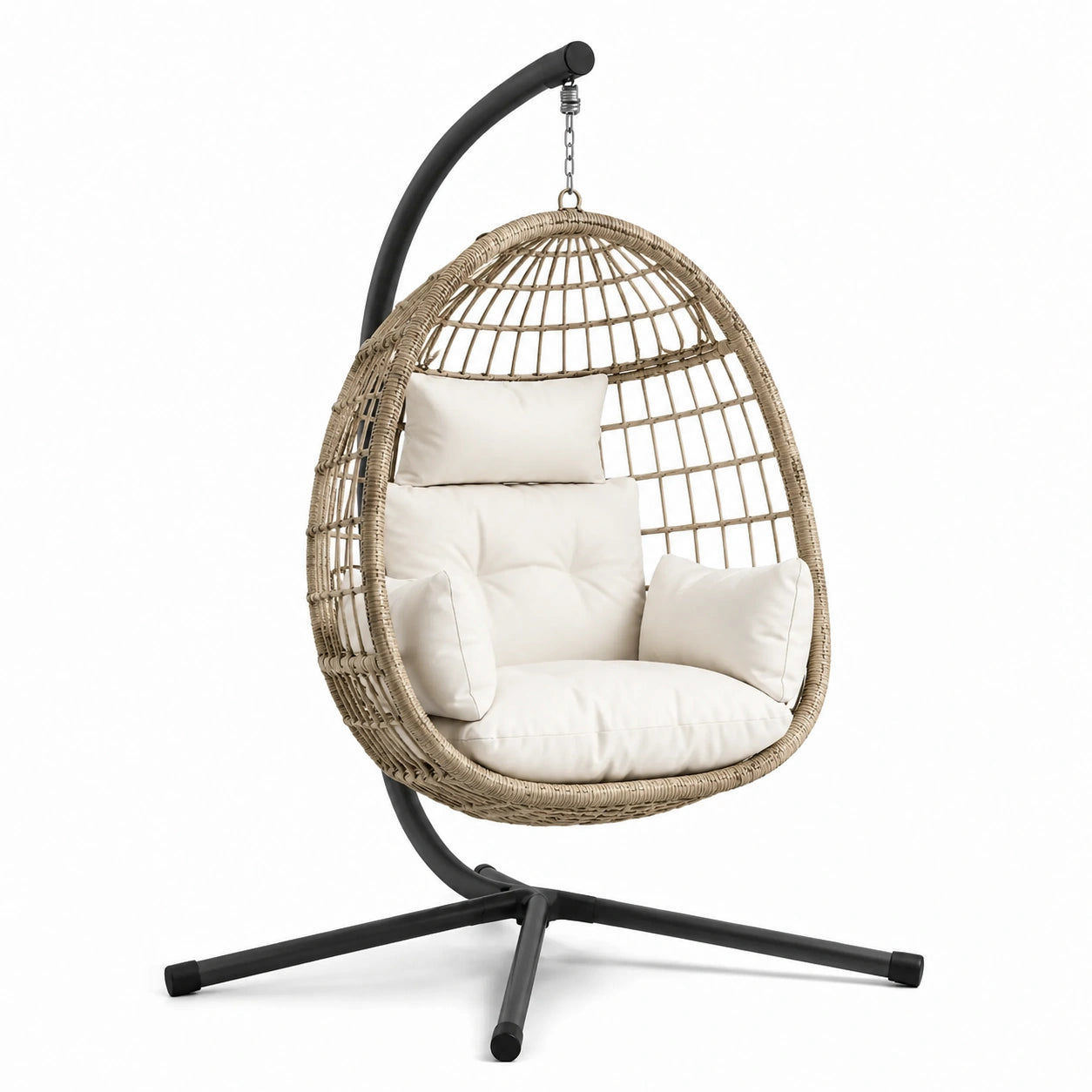 Sillón colgante de ratán sintético con cojines crema y estructura de acero, 105x105x195 cm