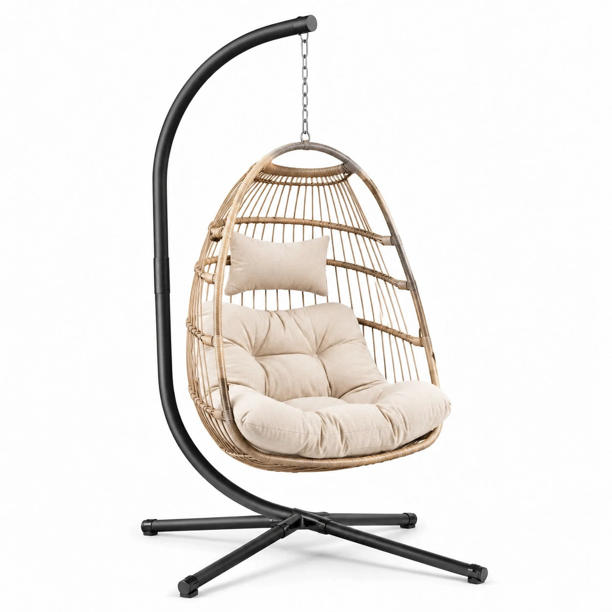Sillón colgante de ratán sintético con cojín crema