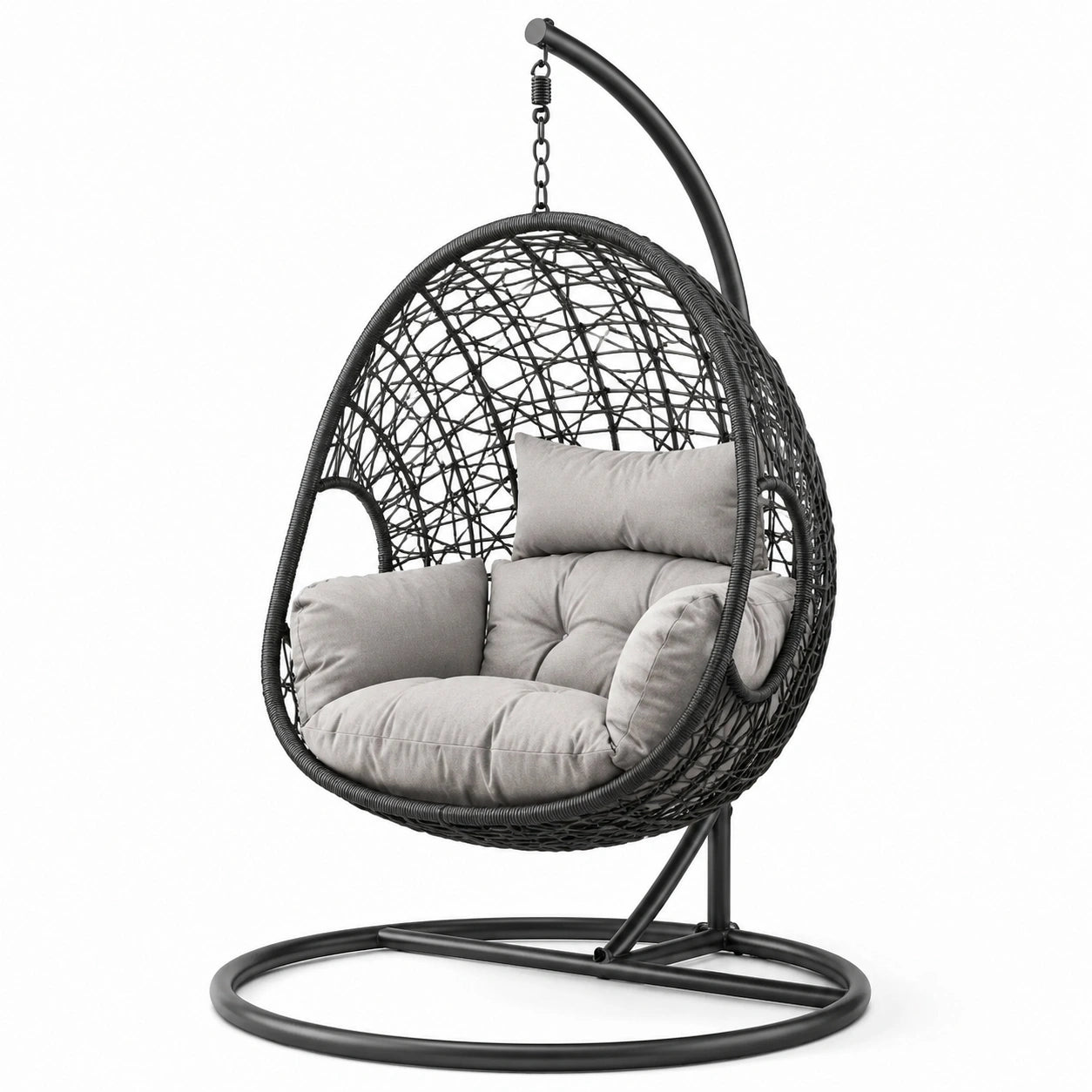 Sillón colgante de ratán sintético negro con cojines grises