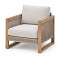 Sillón de madera de teca y cuerda con cojines beige extraíbles
