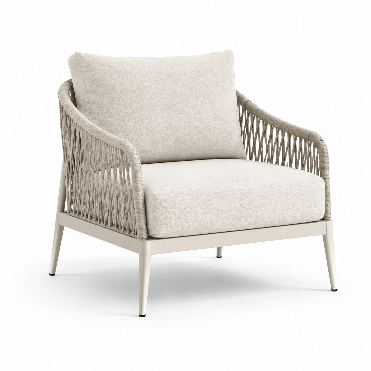 Sillón de jardín de aluminio y cuerda trenzada con cojines beige