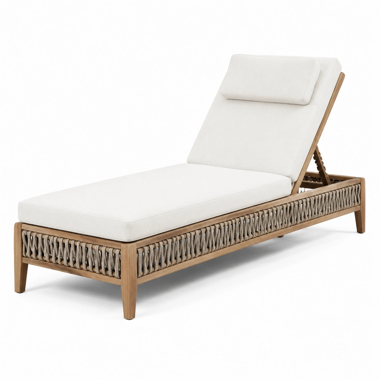 Tumbona de jardín en madera de teca y cuerda trenzada con cojín crema, 200 cm