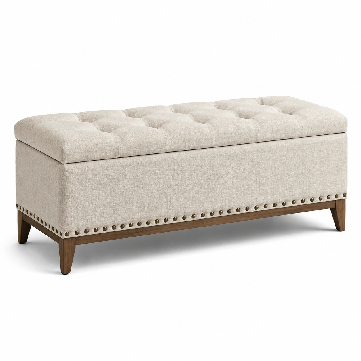 Banco de almacenamiento tapizado en lino beige con patas de madera