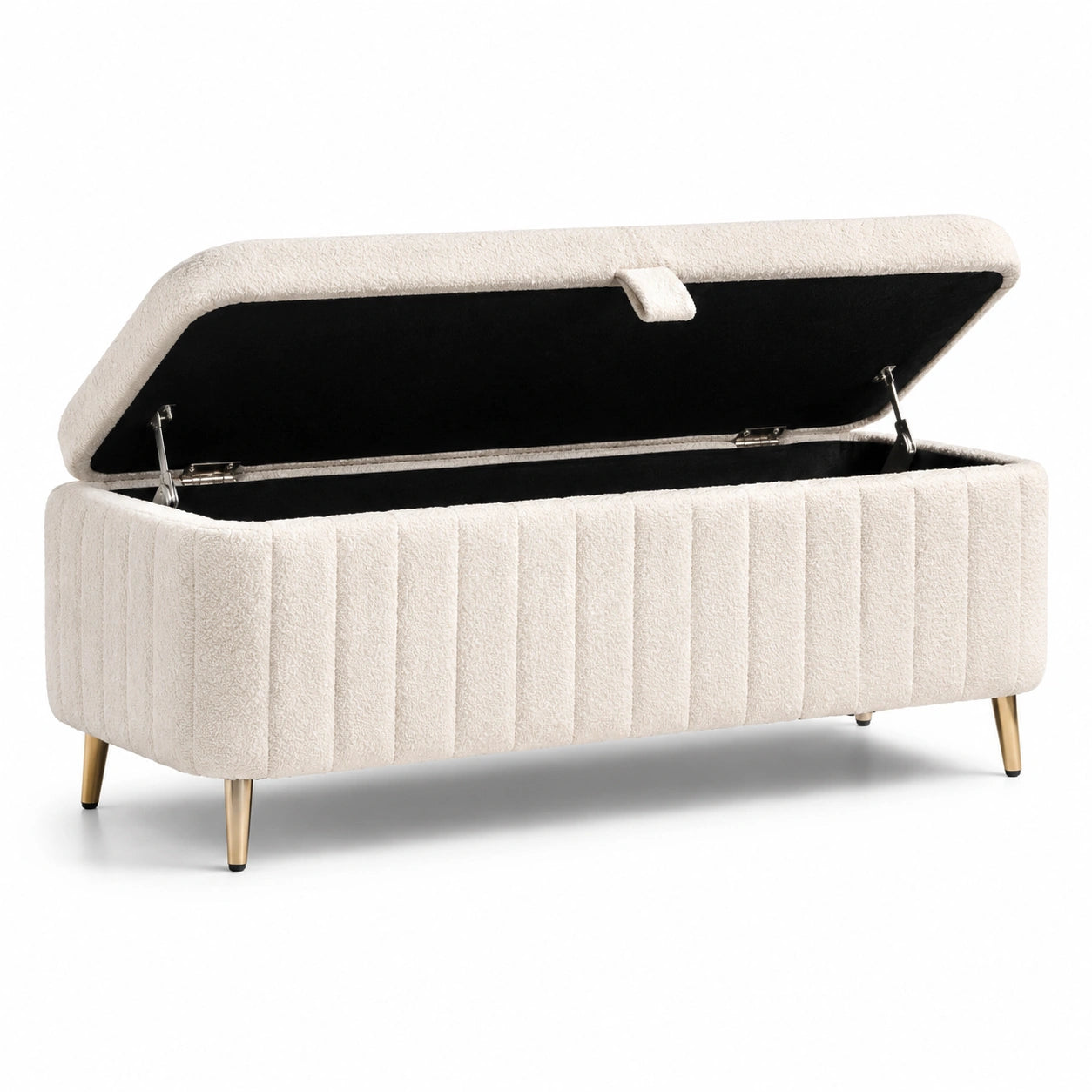 Banco de almacenamiento beige con patas metálicas