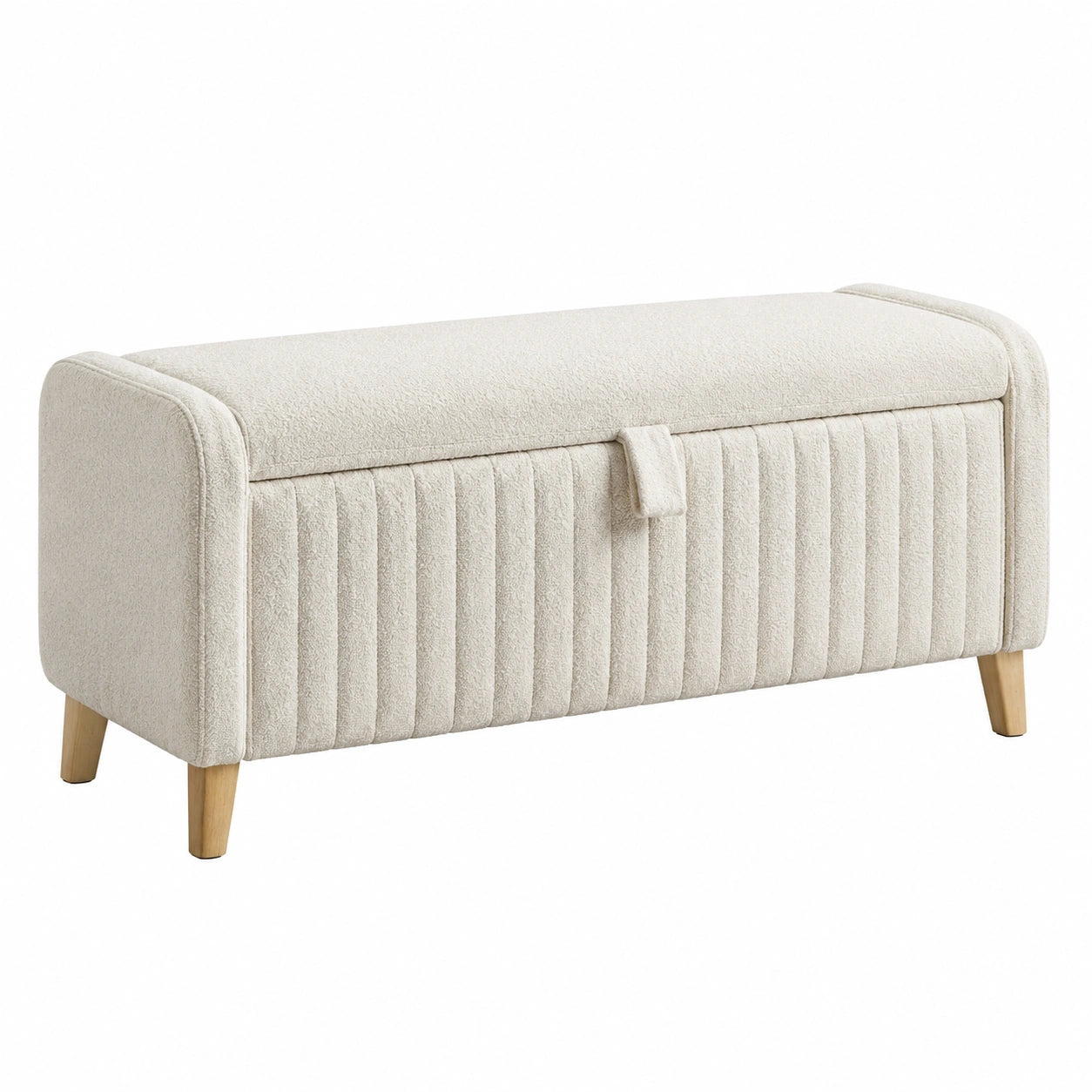 Banco de almacenamiento de tela beige con patas de madera