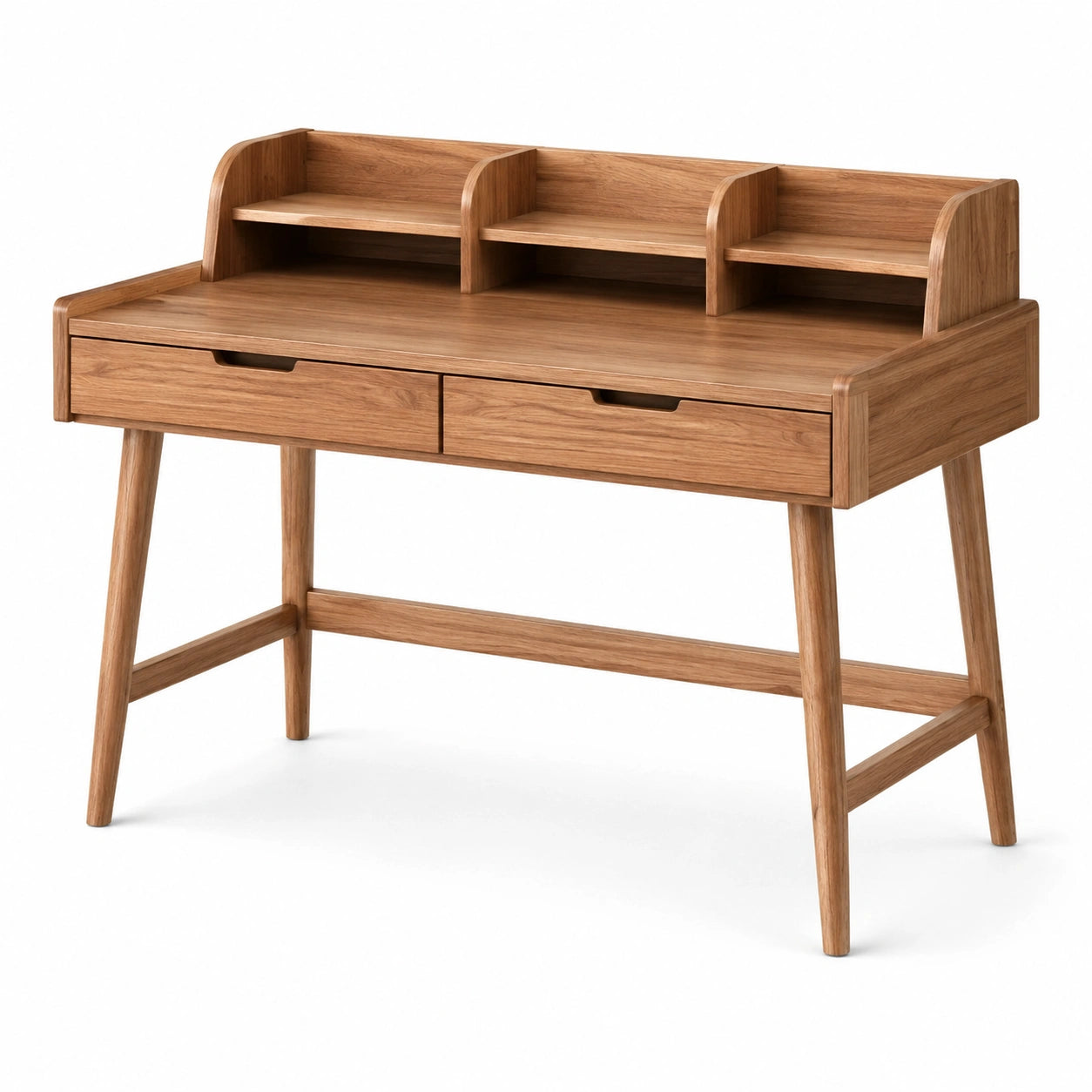 Escritorio de madera de roble con cajones y estantes integrados
