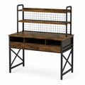 Escritorio de madera y metal con estantes marrón y negro