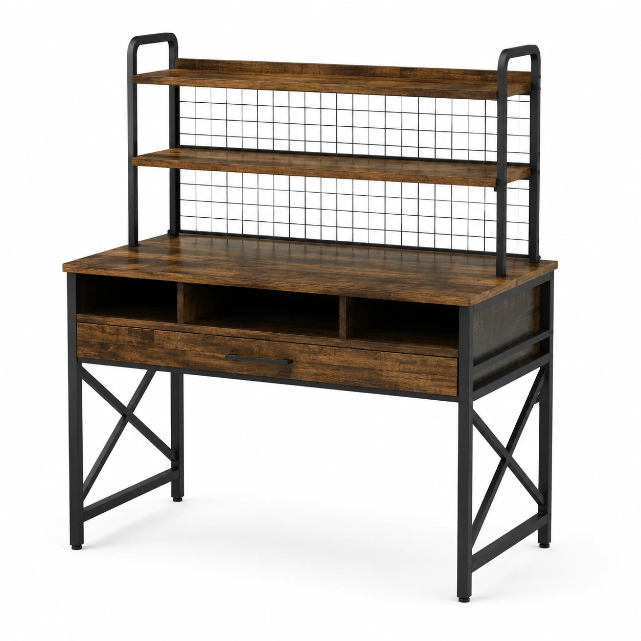 Escritorio de madera y metal con estantes marrón y negro