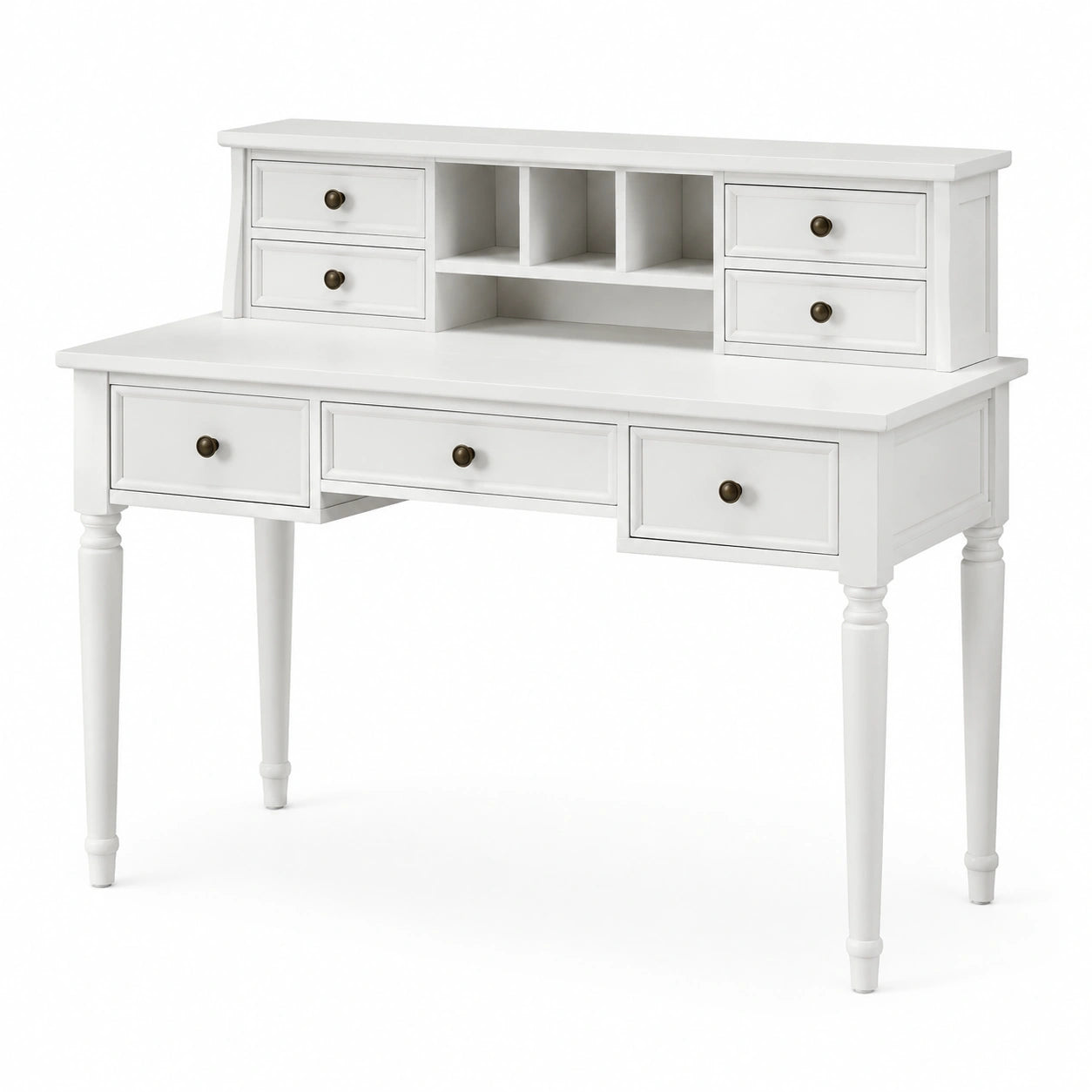 Escritorio de madera blanca con cajones y compartimentos