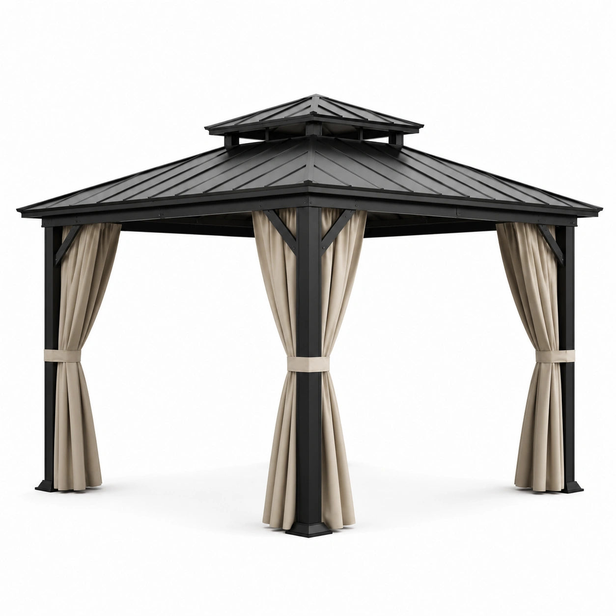 Pérgola de Aluminio con Techo de Acero y Cortinas de Poliéster 300x300 cm