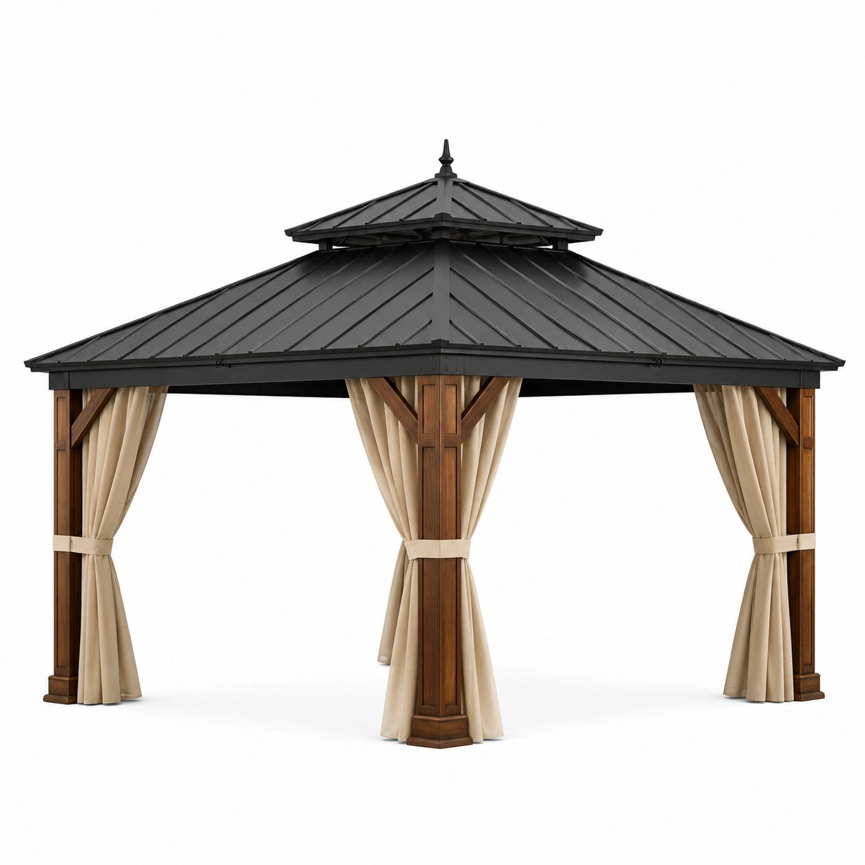 Pérgola de metal y madera con cortinas de poliéster beige