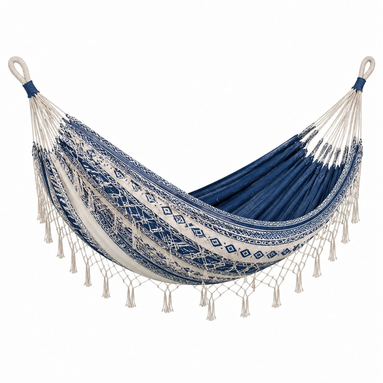 Hamaca Algodón Azul y Blanco con Flecos